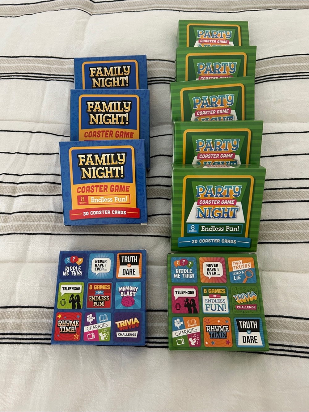 Family Night & Party Coaster Card Game Sets - Blue and Green qty 10